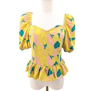 Cottagecore Milkmaid Peplum Top Pink Yellow Floral Puff Sleeve M Coquette